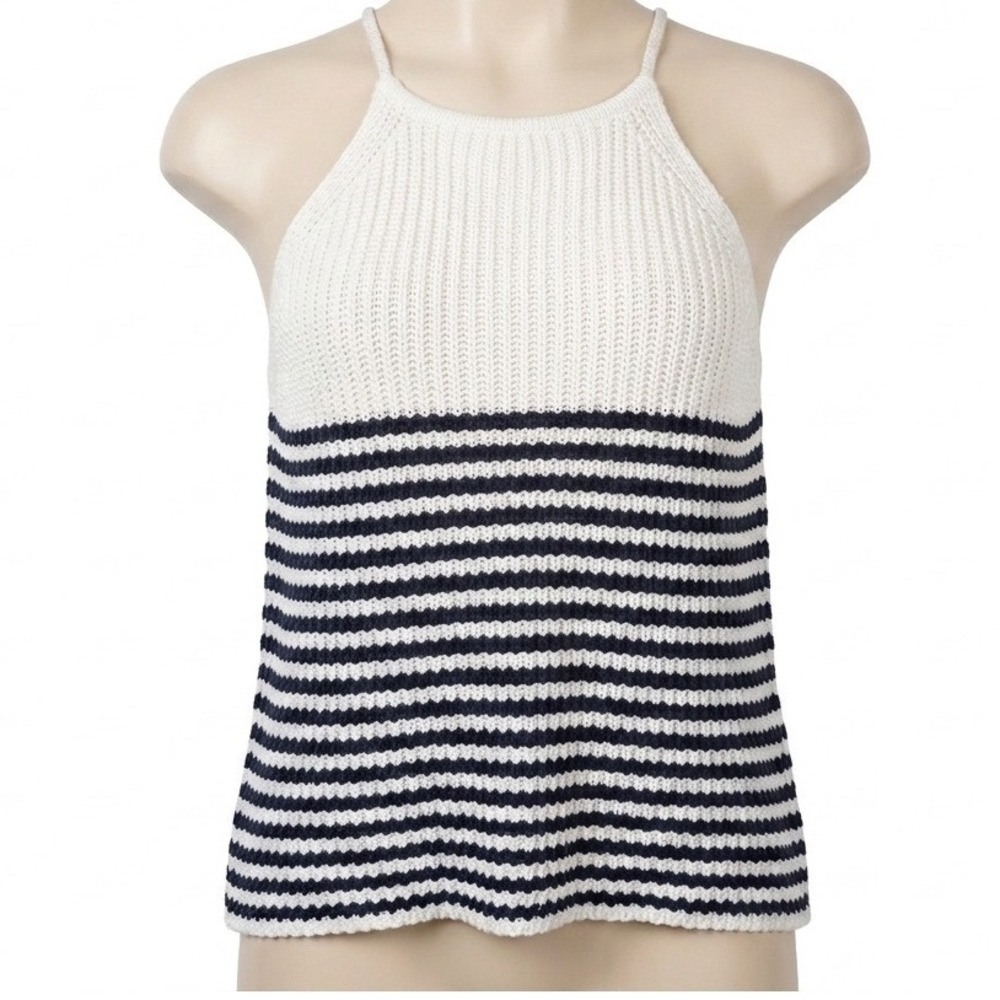 San Joy Navy White Striped Knit Halter Tank Top SJ17007 Small